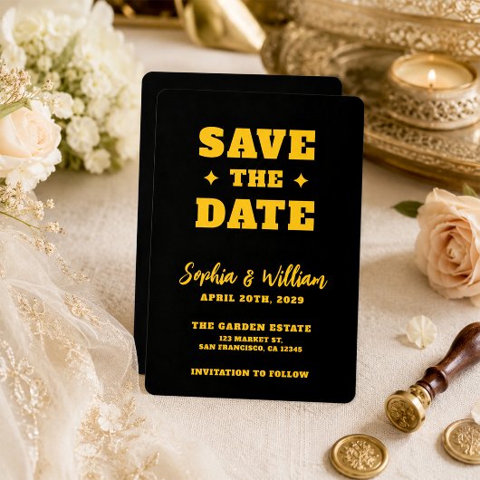 Save The Date Mariage élégant noir et or