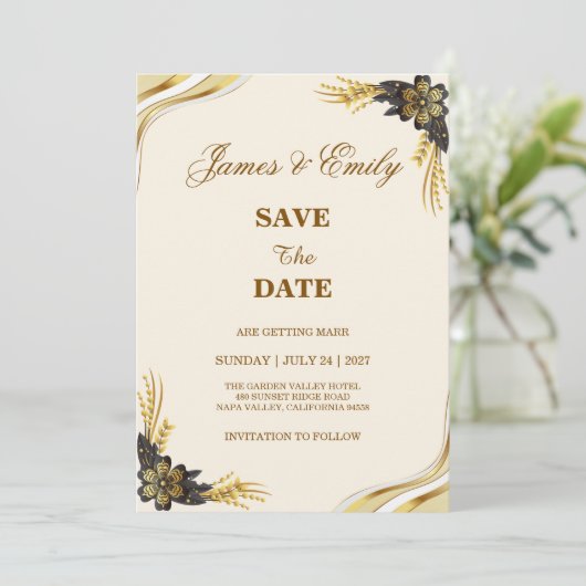 Save The Date Mariage élégant noir et or (Debout devant)