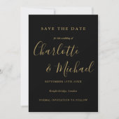 Save The Date Mariage élégant noir et or en écriture cursive (Devant)