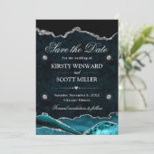 Save The Date Mariage Élégant Paillettes Argent Agate Sarcelle (Debout devant)