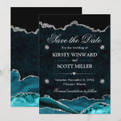 Save The Date Mariage Élégant Paillettes Argent Agate Sarcelle (Devant / Derrière)