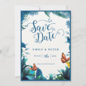 Save The Date Mariage élégant papillon botanique bleu vert (Devant)