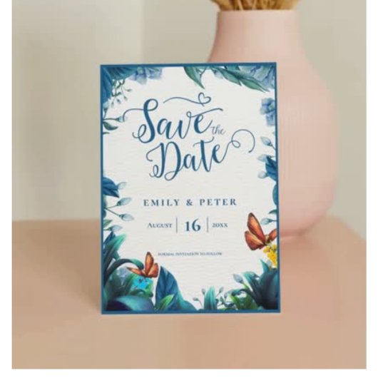 Save The Date Mariage élégant papillon botanique bleu vert