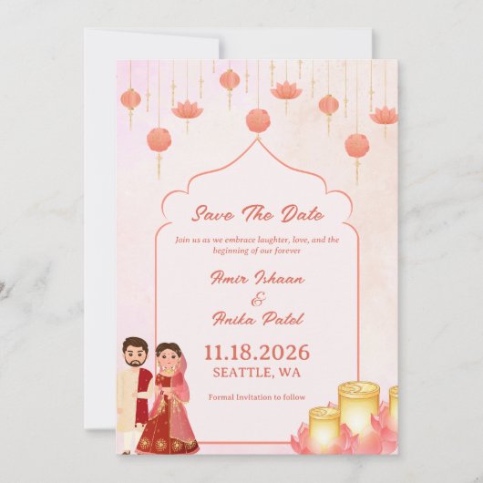 Save The Date Mariage élégant Peach Pink Lotus Lanterns (Devant)