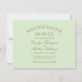 Save The Date Mariage Élégant Pistache Orné de Doré (Dos)