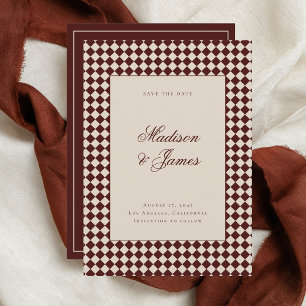 Save The Date Mariage Élégant Rétro à Carreaux Rouge Beige