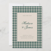 Save The Date Mariage Élégant Rétro à Carreaux Vert Beige (Devant)