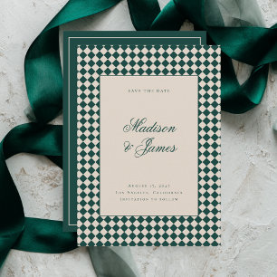 Save The Date Mariage Élégant Rétro à Carreaux Vert Beige