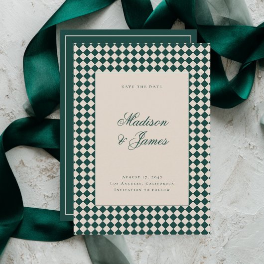 Save The Date Mariage Élégant Rétro à Carreaux Vert Beige