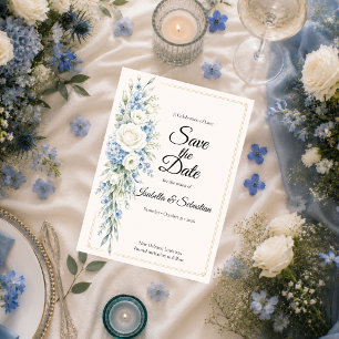 Save The Date Mariage Élégant Romance Florale Bleu Poussière
