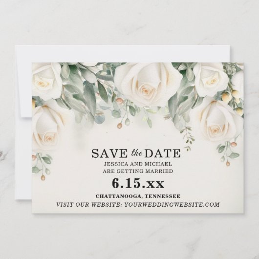 Save The Date Mariage Élégant Roses Blanches de Verdure (Devant)