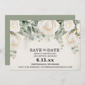 Save The Date Mariage Élégant Roses Blanches de Verdure (Devant / Derrière)