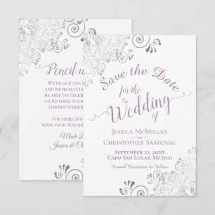 Save The Date Mariage Élégant Ruban Argent Lavande & Blanc