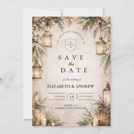 Save The Date Mariage Élégant Rustique d'Hiver (Devant)