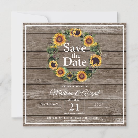 Save The Date Mariage Élégant Rustique Tournesol (Devant)