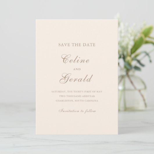 Save The Date Mariage Élégant Sable Classique (Debout devant)