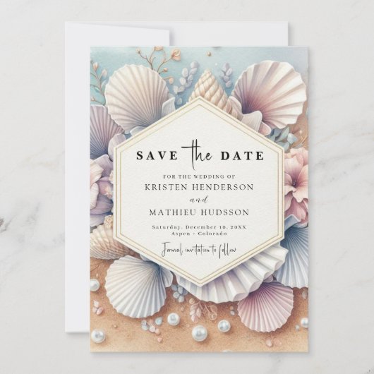 Save The Date Mariage élégant Seashell Beach Beach (Devant)