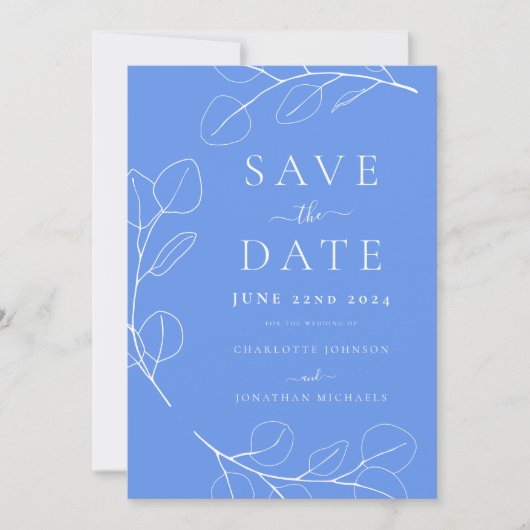 Save The Date Mariage Élégant Simple Feuilles Bleu (Devant)