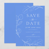 Save The Date Mariage Élégant Simple Feuilles Bleu (Devant / Derrière)