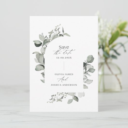 Save The Date Mariage élégant simple photo botanique eucalyptus (Debout devant)