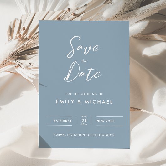 Save The Date Mariage Élégant Simple Script Bleu Poussiéreux