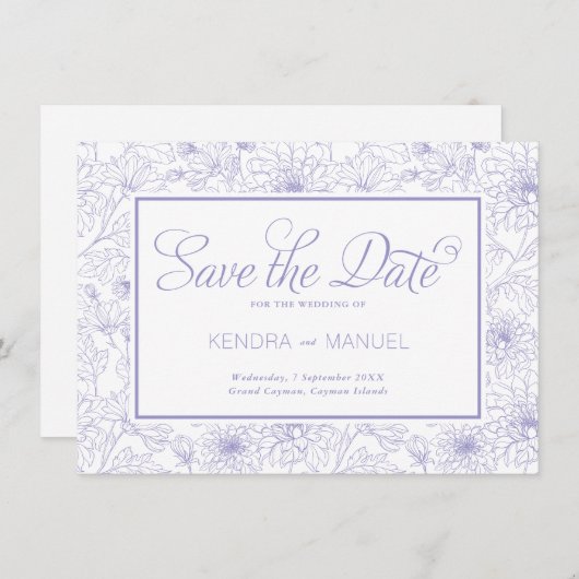 Save The Date Mariage Élégant Toile Fleurie Violet Lilas (Devant / Derrière)