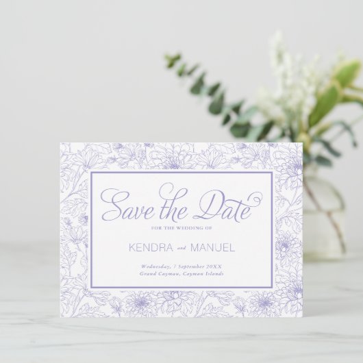 Save The Date Mariage Élégant Toile Fleurie Violet Lilas (Debout devant)