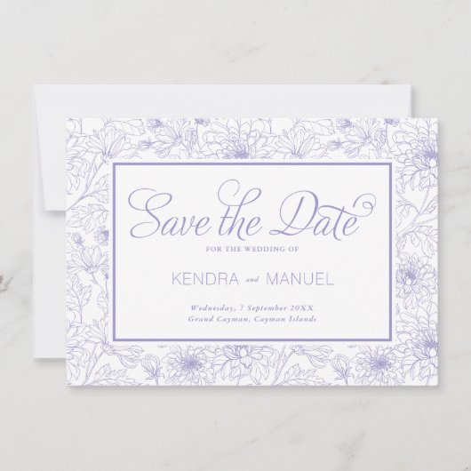 Save The Date Mariage Élégant Toile Fleurie Violet Lilas (Devant)