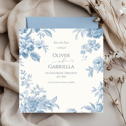 Save The Date Mariage élégant toile française florale bleue
