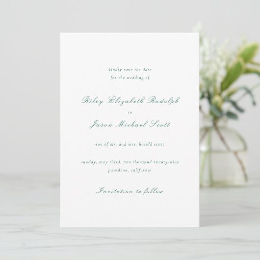 Save The Date Mariage élégant vert émeraude propre (Debout devant)