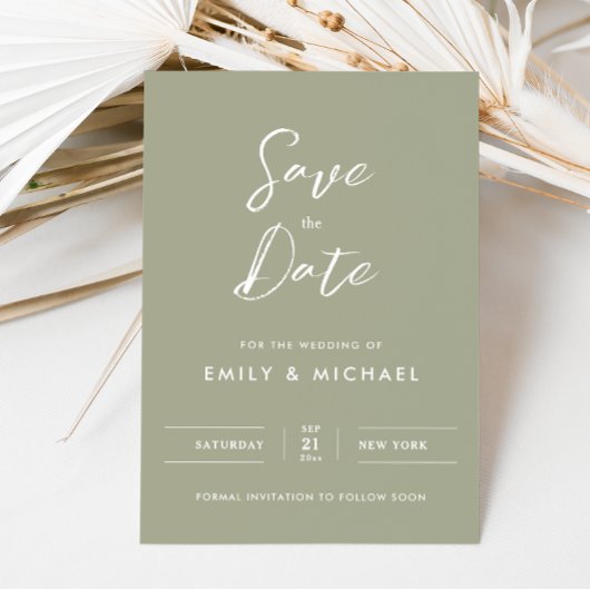 Save The Date Mariage Élégant Vert Sauge Écriture Simple