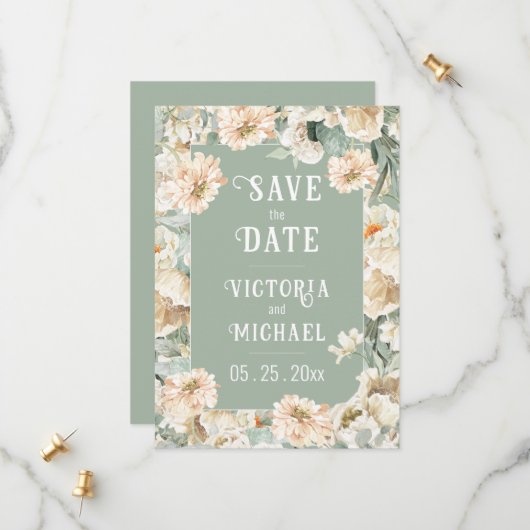 Save The Date Mariage élégant vert sauge floral (Devant/Arrière en situation)