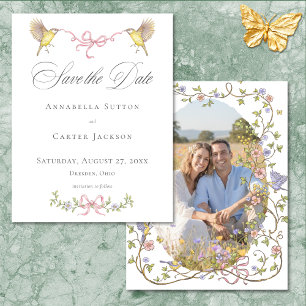 Save The Date Mariage élégant victorien avec fleurs pastel et nœ