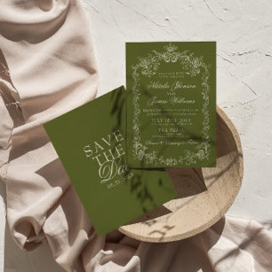 Save The Date Mariage élégant vintage vert olive à l'ancienne