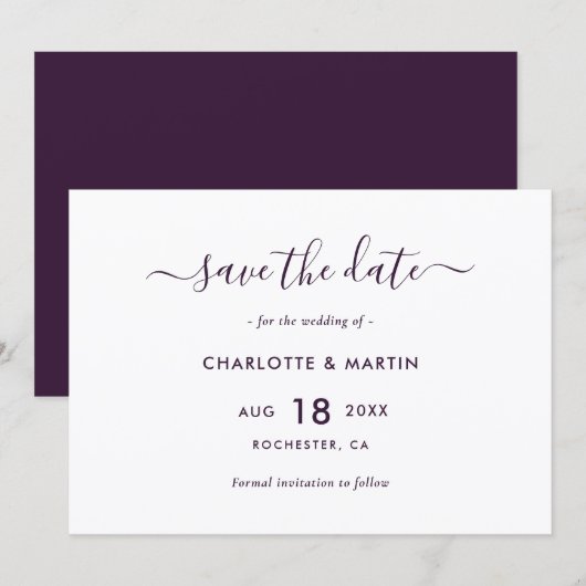 Save The Date Mariage élégant violet écriture moderne (Devant / Derrière)
