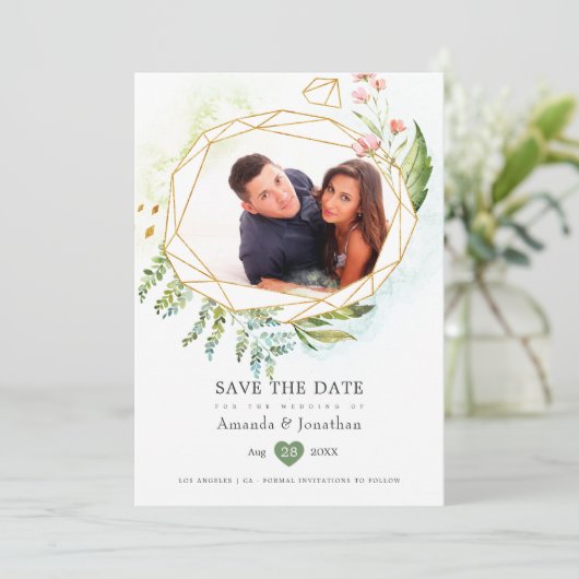 Save The Date Mariage en aquarelle géométrique et verdure crista (Debout devant)