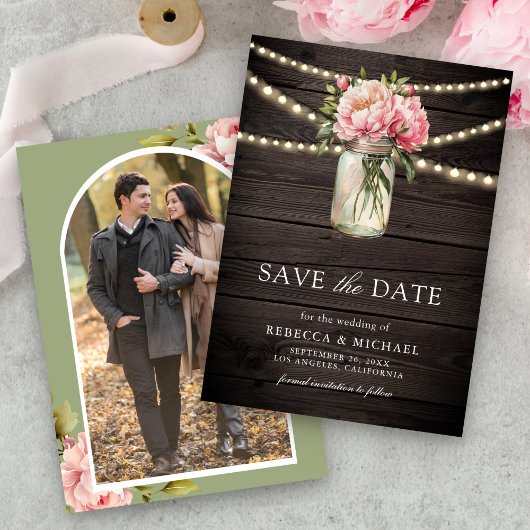 Save The Date Mariage en bois avec photo de pot Mason à fleurs r