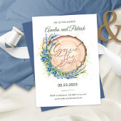 Save The Date Mariage en bois Cercle de grains bleutés