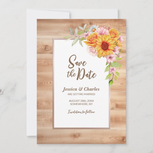 Save The Date Mariage en bois de tournesol (Devant)