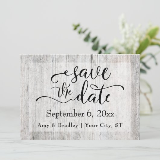 Save The Date Mariage en bois Patiné gris rustique Enregistrer l (Debout devant)
