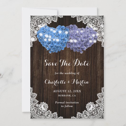 Save The Date Mariage en Bois Rustique Fleur Hydrangea Violet Bl (Devant)