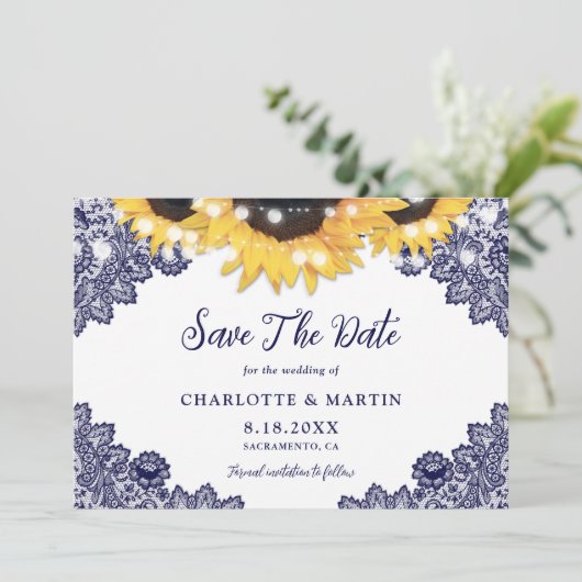 Save The Date Mariage en dentelle de tournesol rustique (Debout devant)