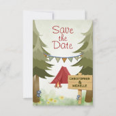 Save The Date Mariage en forêt sous tente rouge de camping (Devant)