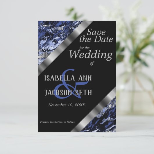 Save The Date Mariage en marbre bleu foncé et argent (Debout devant)