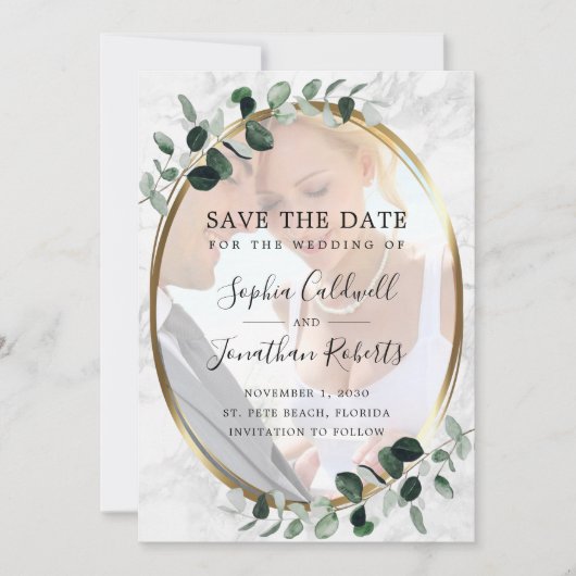 Save The Date Mariage en marbre Eucalyptus Photo Gold Frame (Devant)