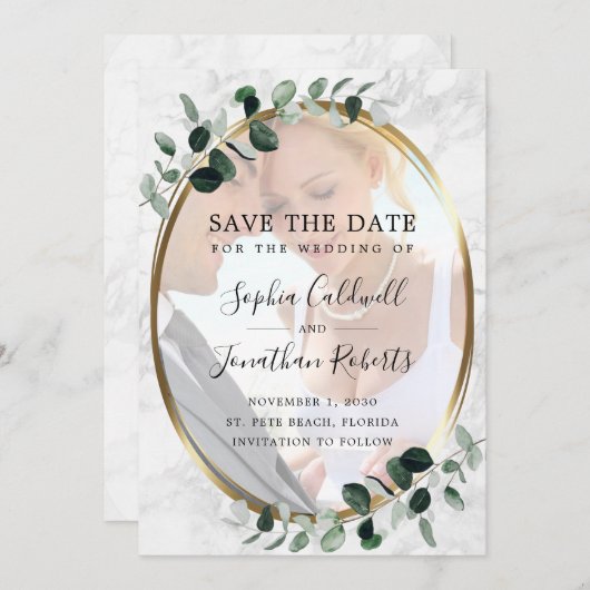 Save The Date Mariage en marbre Eucalyptus Photo Gold Frame (Devant / Derrière)