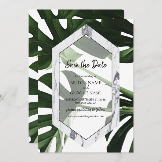 Save The Date Mariage en marbre tropical Monstera (Devant / Derrière)