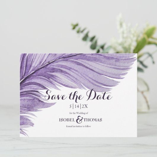 Save The Date Mariage en plume blanche Boho aquarelle (Debout devant)