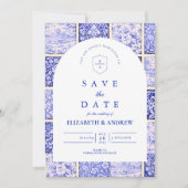 Save The Date Mariage en porcelaine patchwork bleu de Delft (Devant)