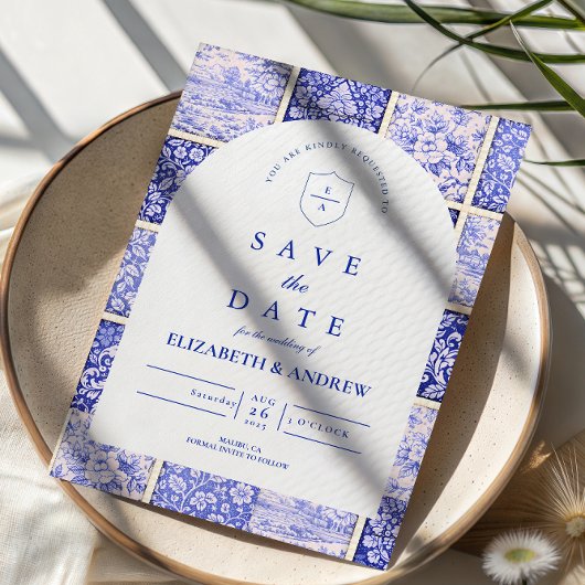 Save The Date Mariage en porcelaine patchwork bleu de Delft